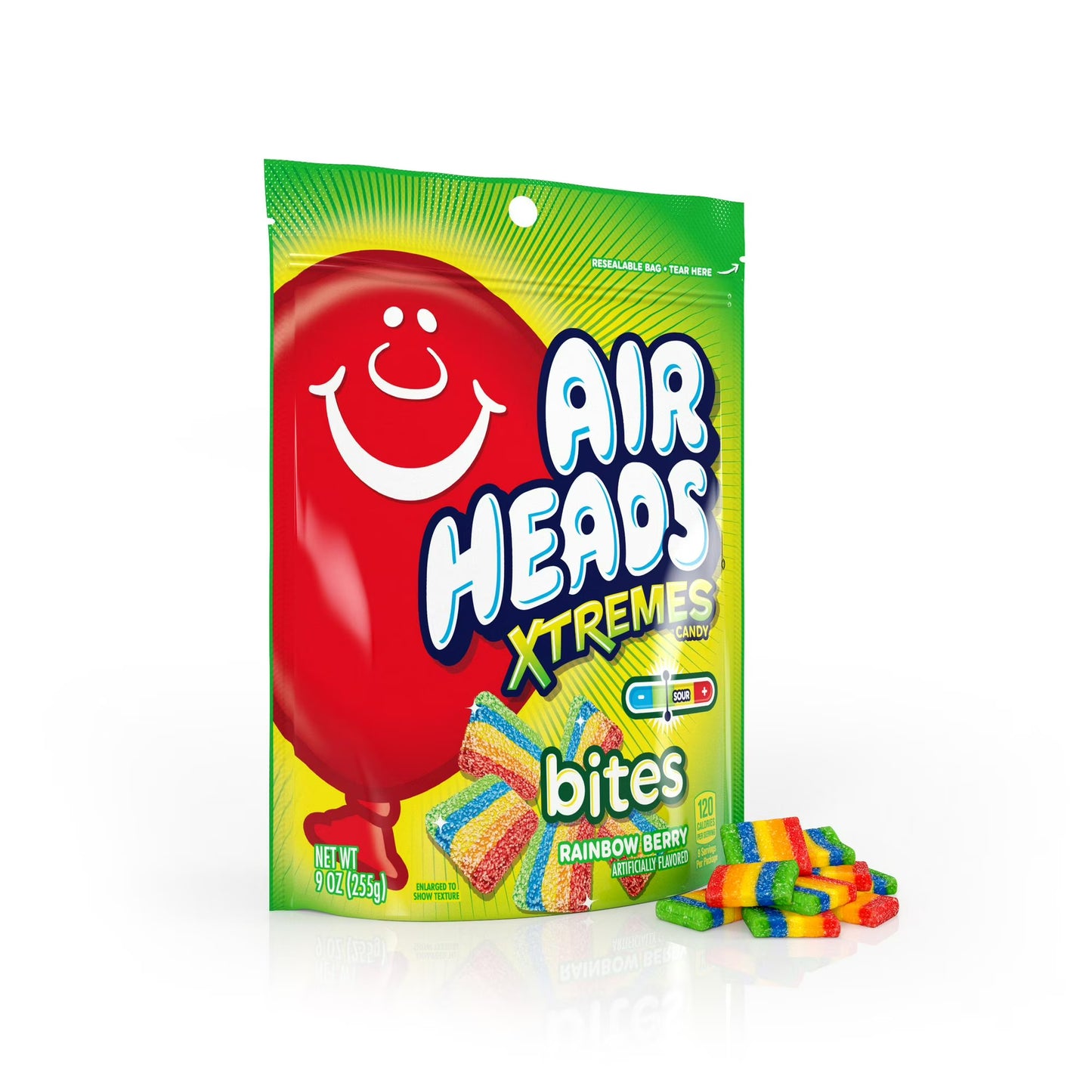 Bright rainbow-coloured Airheads Xtremes Sourfuls showing chewy texture and sour sugar coating