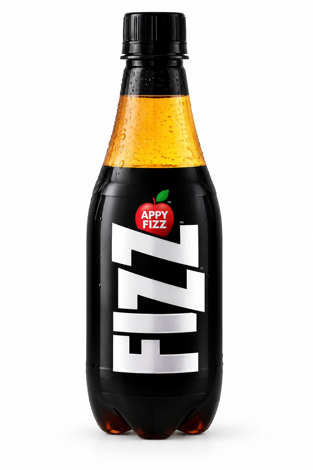 Appy Fizz apple-flavoured fizzy drink in a black plastic bottle with a black cap, golden beverage visible through the neck, and bold silver FIZZ branding.