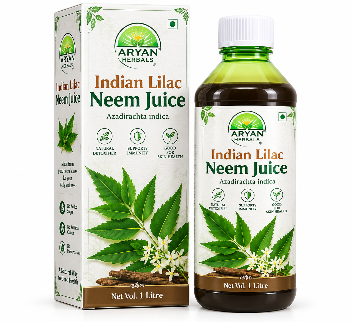 Aryan Herbals Indian Lilac Neem Juice 1 litre with matching bottle and carton, featuring green neem leaves, botanical illustrations and white-and-green packaging.