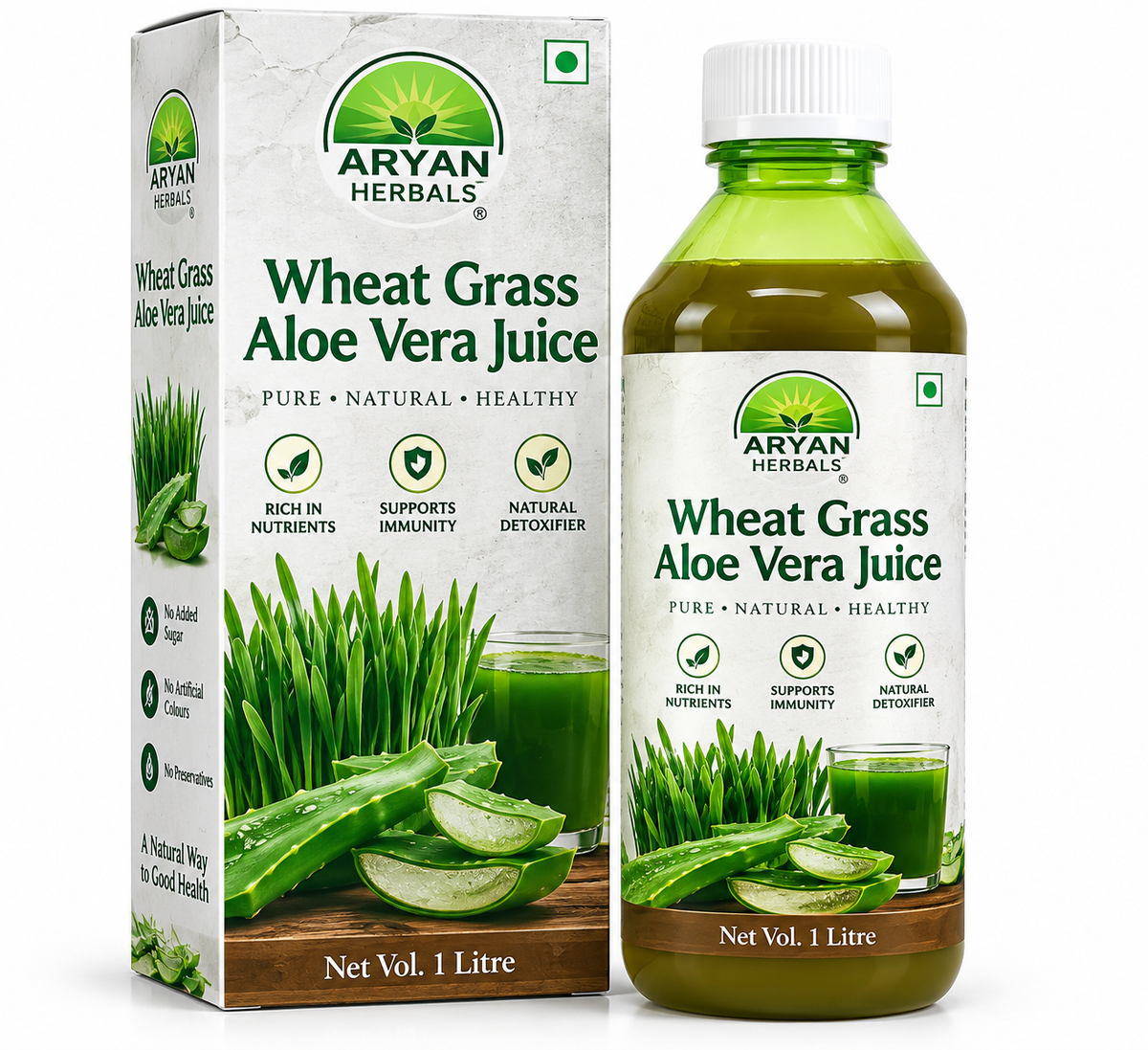 Aryan Herbals Wheat Grass Aloe Vera Juice 1 litre bottle and matching carton with green wheatgrass and aloe vera illustrations in white and green packaging.