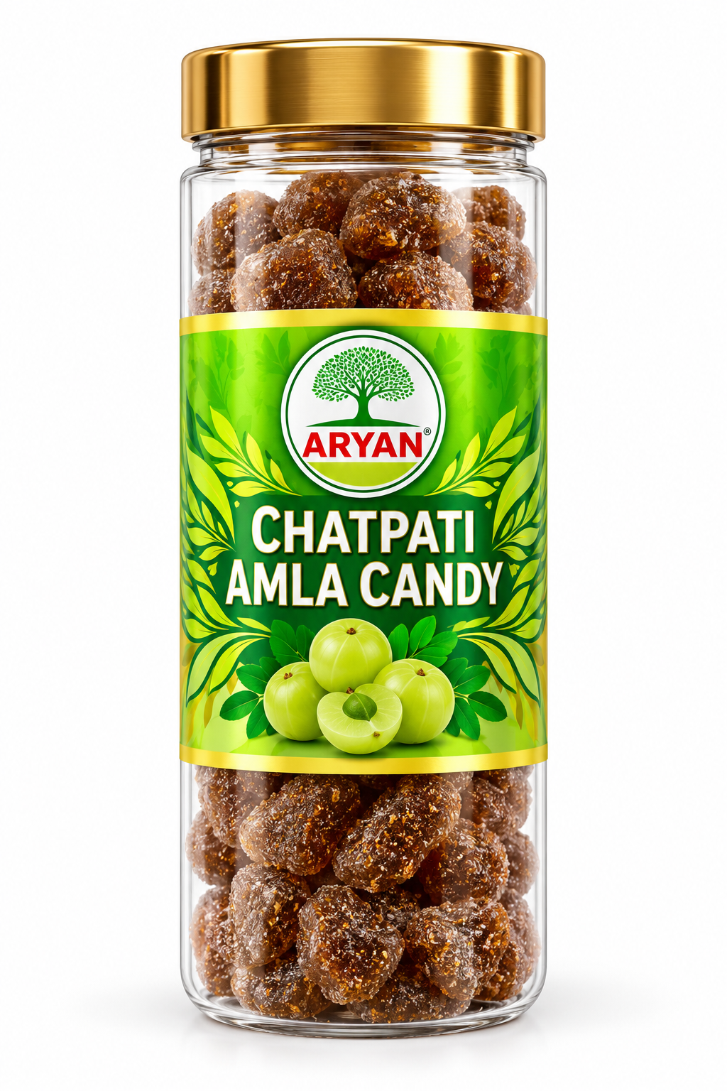 Aryan Chatpati Amla Candy 160g in a transparent jar with a gold lid and green-and-yellow label, filled with dark brown amla candies and featuring fresh Indian gooseberries