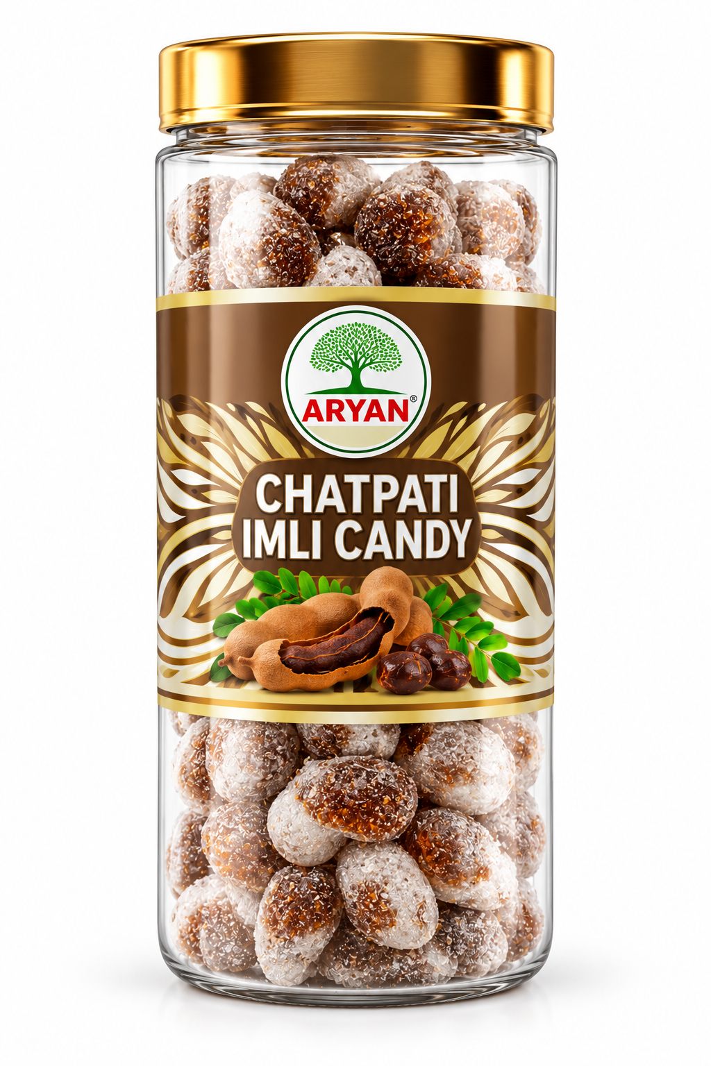 Aryan Chatpati Imli Candy 135g in a transparent jar with a gold lid and brown-and-gold label, filled with brown and pale sugar-coated tamarind candies and featuring tamarind pods.