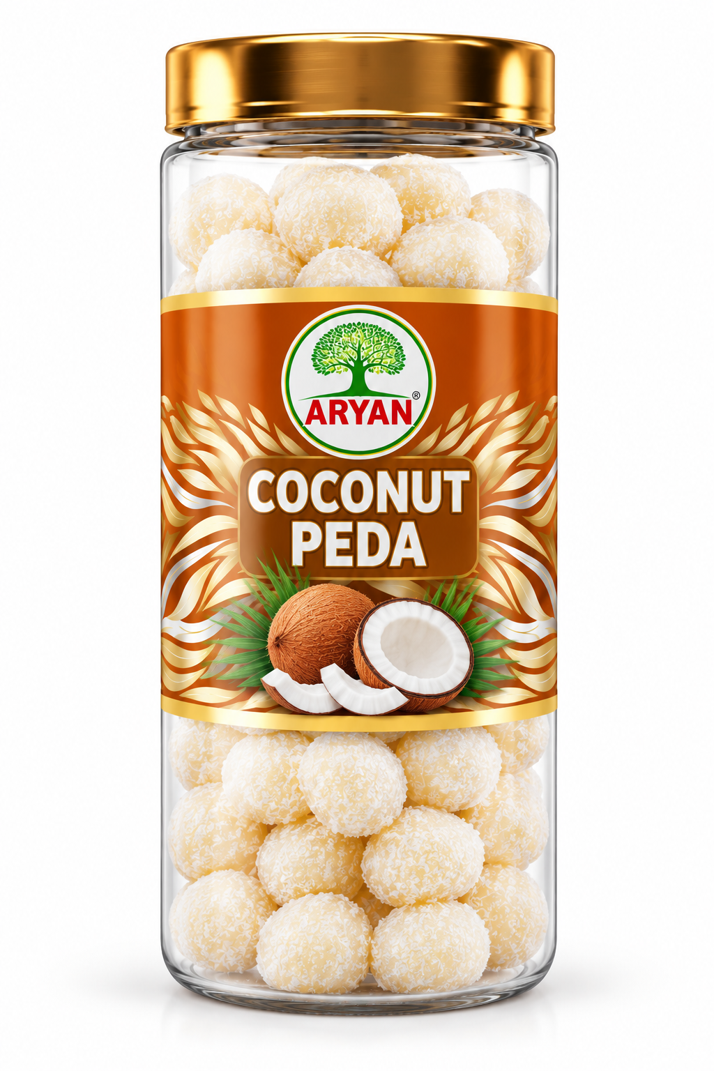 Aryan Coconut Peda 135g in a transparent jar with a gold lid and brown-and-gold label, filled with round coconut peda sweets and featuring coconut illustrations.