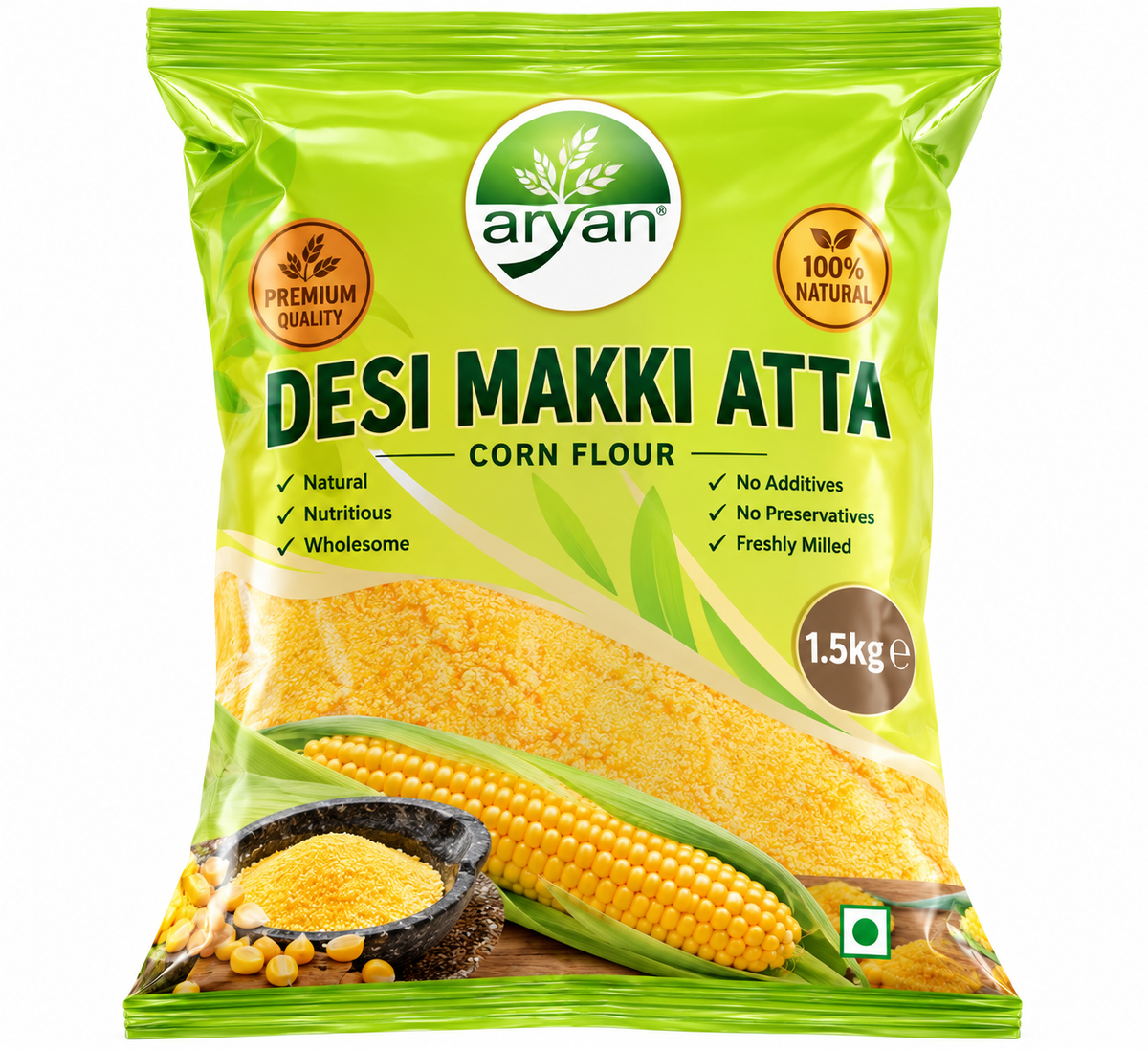 Aryan Desi Makki Atta 1.5kg pack featuring bright green packaging, the Aryan logo, golden corn cobs, cornmeal, a premium quality badge and a 100% natural label.