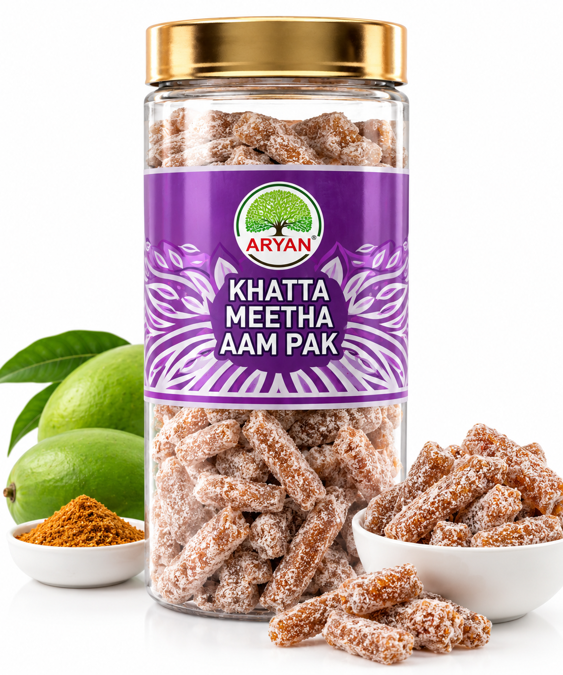 Aryan Khatta Meetha Aam Pak 160g featuring a transparent jar with a gold lid and purple label, filled with sugar-coated brown mango candy pieces with a sweet and tangy flavour.