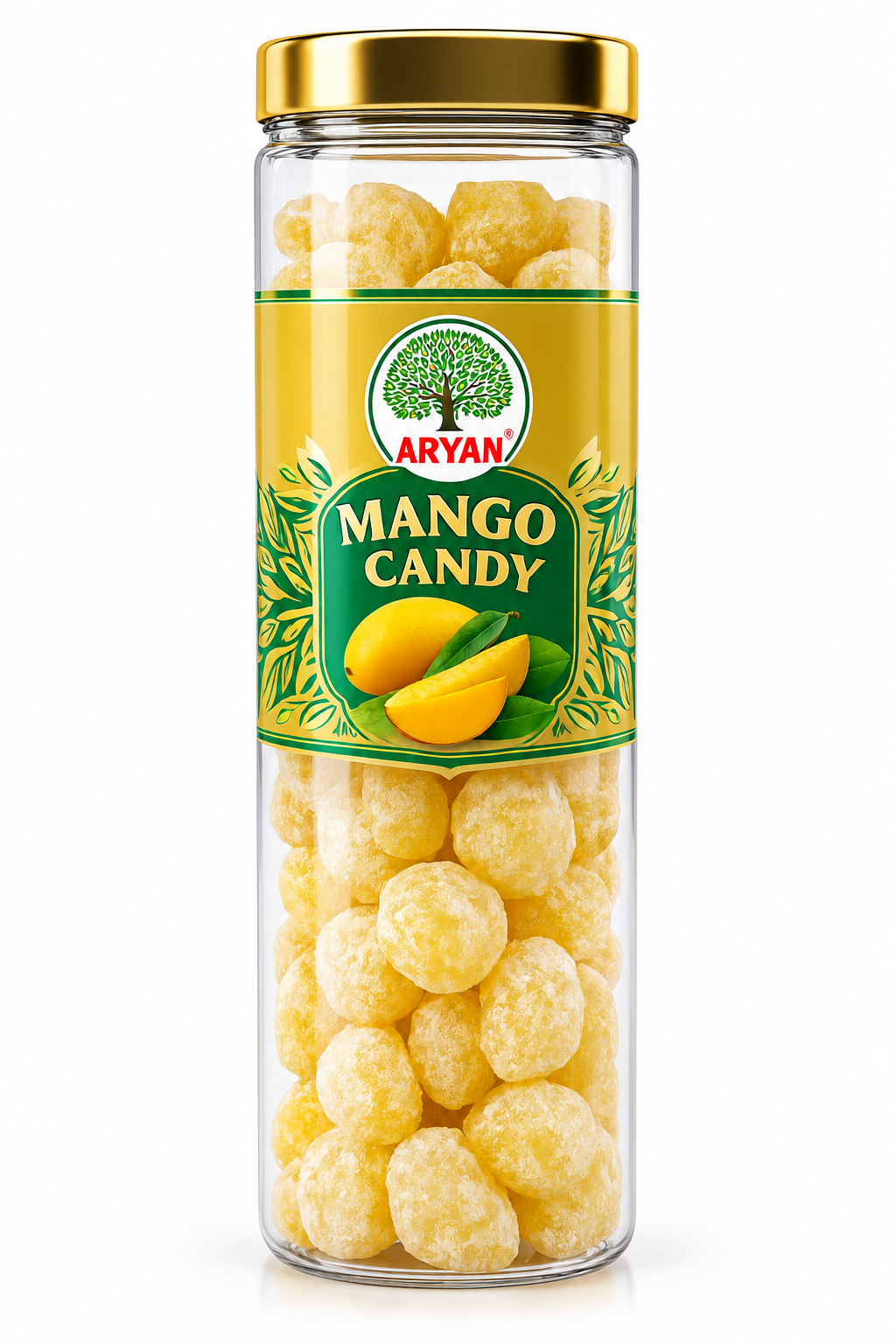 Aryan Mango Candy 160g featuring a transparent jar with a gold lid and green-and-gold label, filled with pale yellow sugar-coated mango candies.