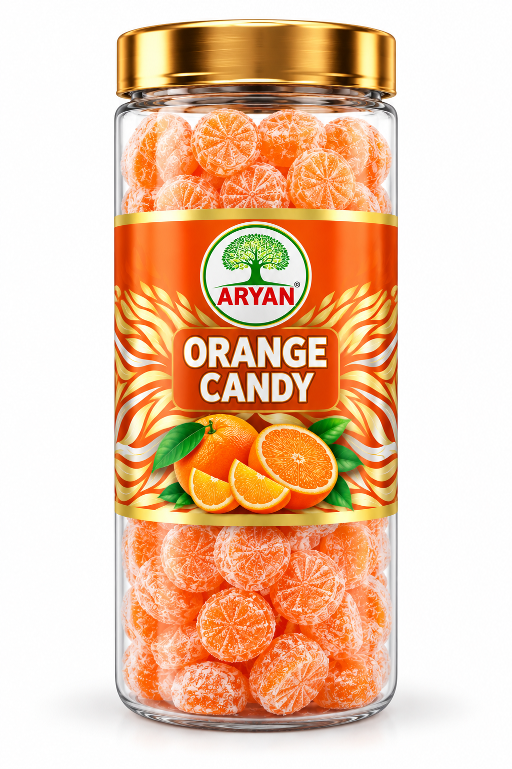 Aryan Orange Candy 160g in a transparent jar with a gold lid and orange-and-gold label, filled with sugar-coated orange candies and featuring fresh orange fruit illustrations.