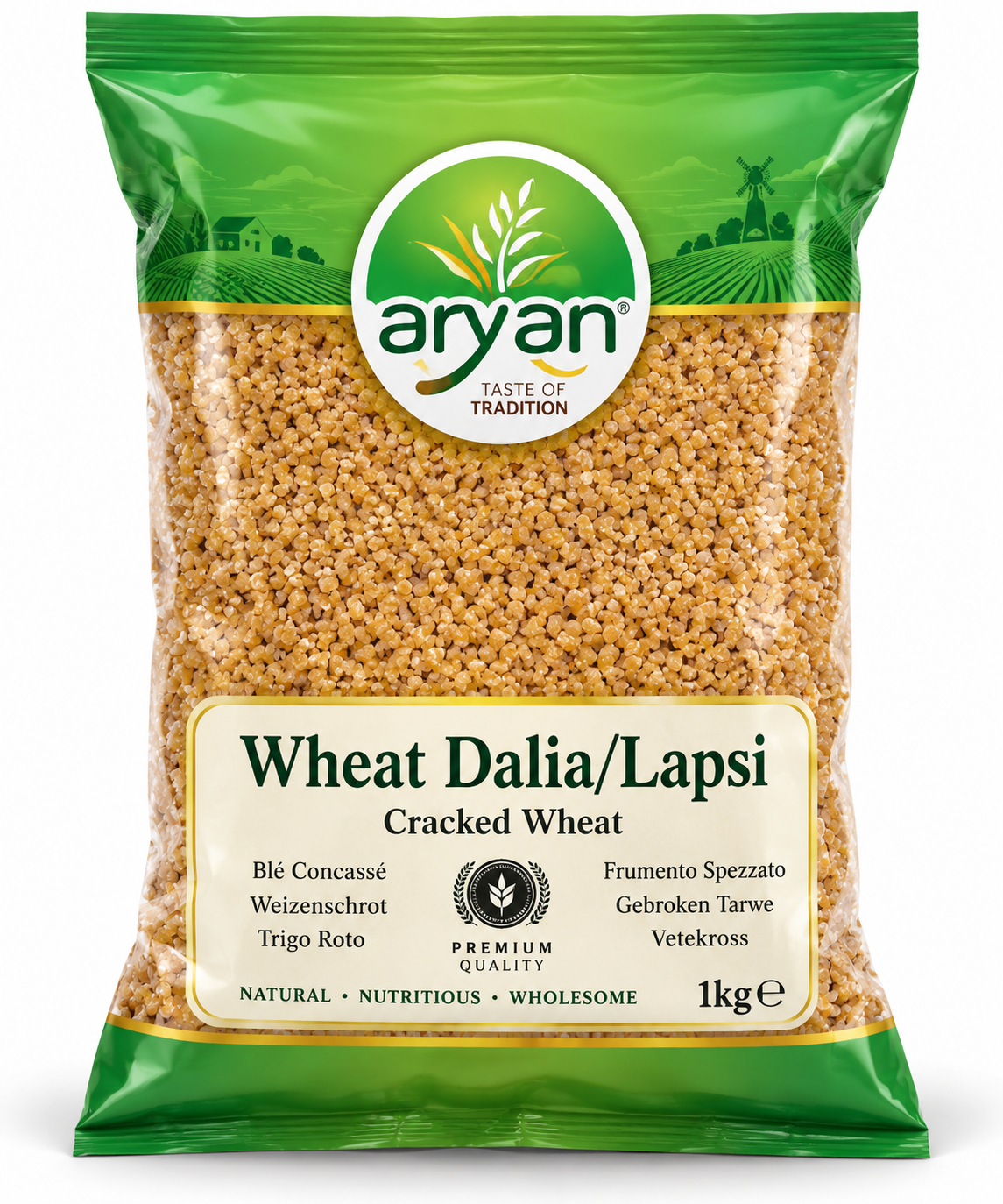 Aryan Pure Indian Wheat Dalia 1kg pack featuring green and cream packaging, a transparent window showing golden cracked wheat grains, and a premium quality label