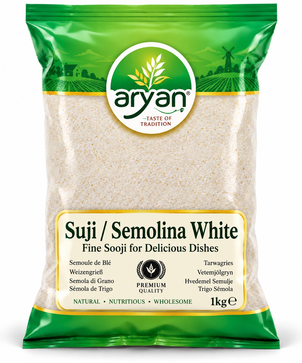 Aryan Pure Indian White Suji 1kg pack featuring green and cream packaging with a transparent window showing fine white semolina grains and a premium quality label.