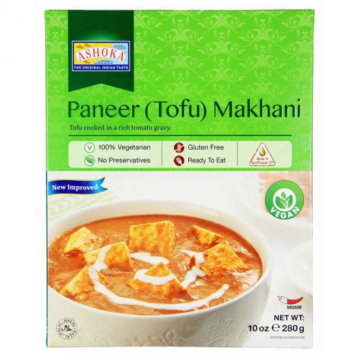 Packaged Ashoka Paneer (Tofu) Makhani 280g showing ready-to-eat Indian creamy tomato butter curry with paneer or tofu in a sealed pouch suitable for microwave or stovetop heating.