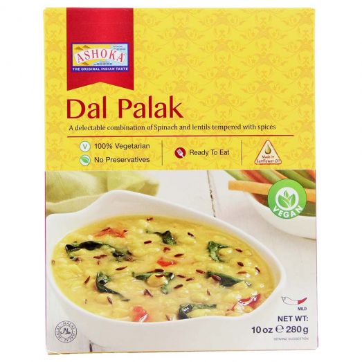 Ashoka Dal Palak ready to eat Indian curry 280g pouch featuring lentils cooked with spinach and traditional spices, nutritious vegetarian heat and serve meal perfect with rice, roti or naan.