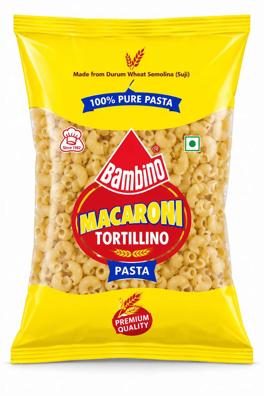 Bambino Macaroni Tortillino 400g pack featuring bright yellow packaging, a transparent window filled with curved pasta shapes, the Bambino logo, and premium durum wheat semolina labelling.