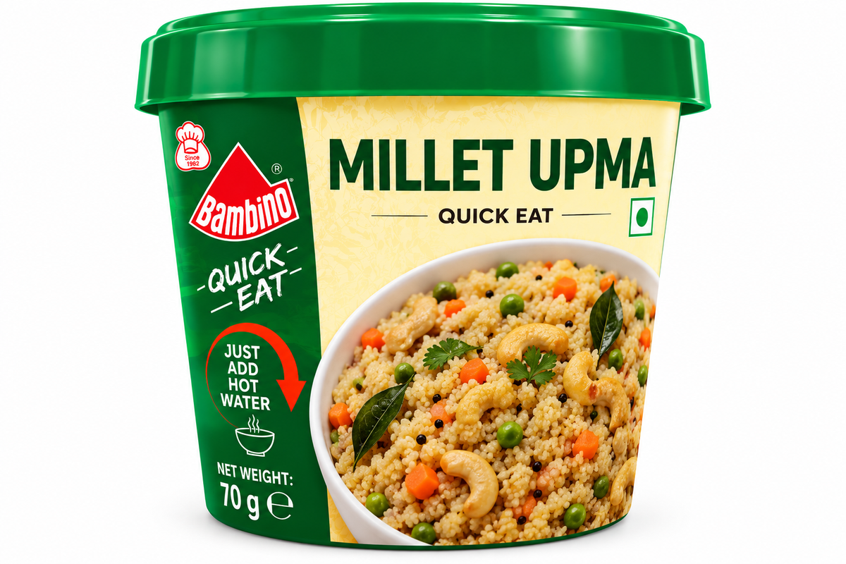 Bambino Quick Eat Millet Upma 70g instant meal cup featuring green and cream packaging, a green lid, and an image of millet upma with vegetables, cashews, curry leaves, and herbs.