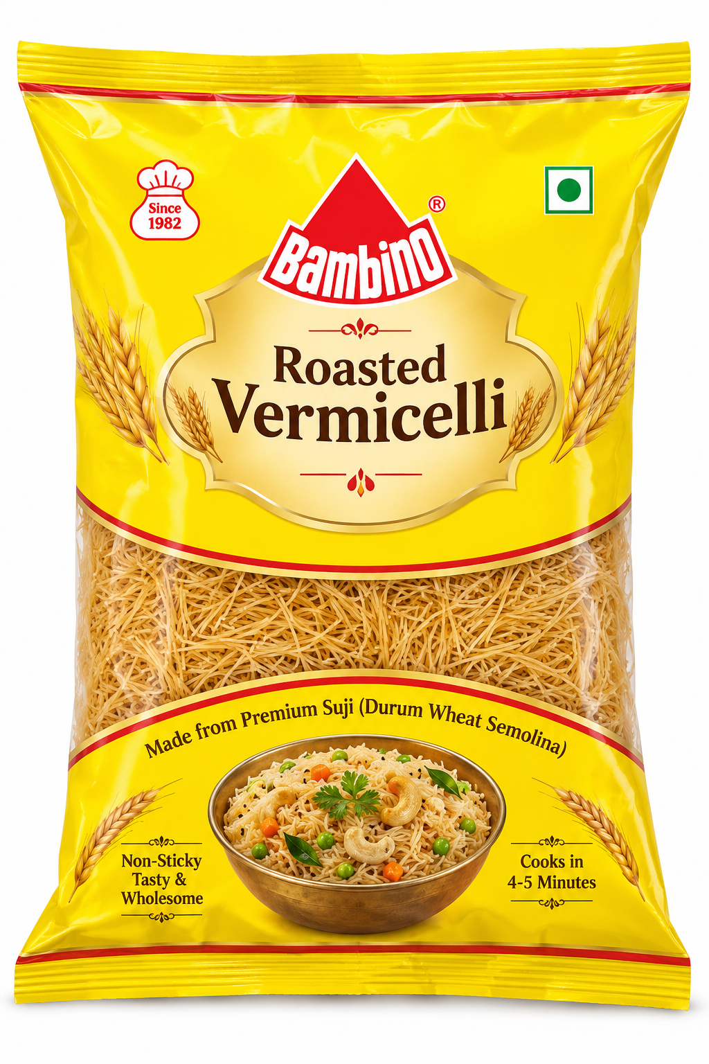 Bambino Roasted Vermicelli 800g packet featuring bright yellow packaging, a transparent window showing roasted vermicelli strands, the Bambino logo, and a serving suggestion of vermicelli with vegetables and cashews