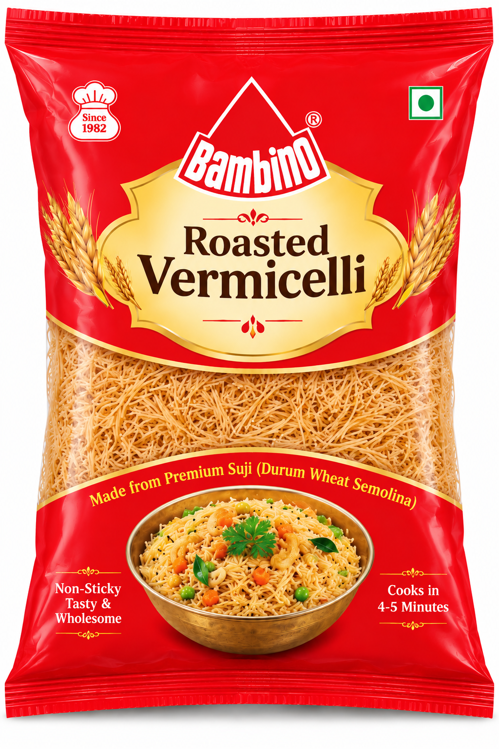 Bambino Short Cut Vermicelli 350g packet featuring red and gold packaging, a transparent section filled with fine roasted vermicelli, wheat illustrations, and a bowl of cooked vermicelli with vegetables and herbs.