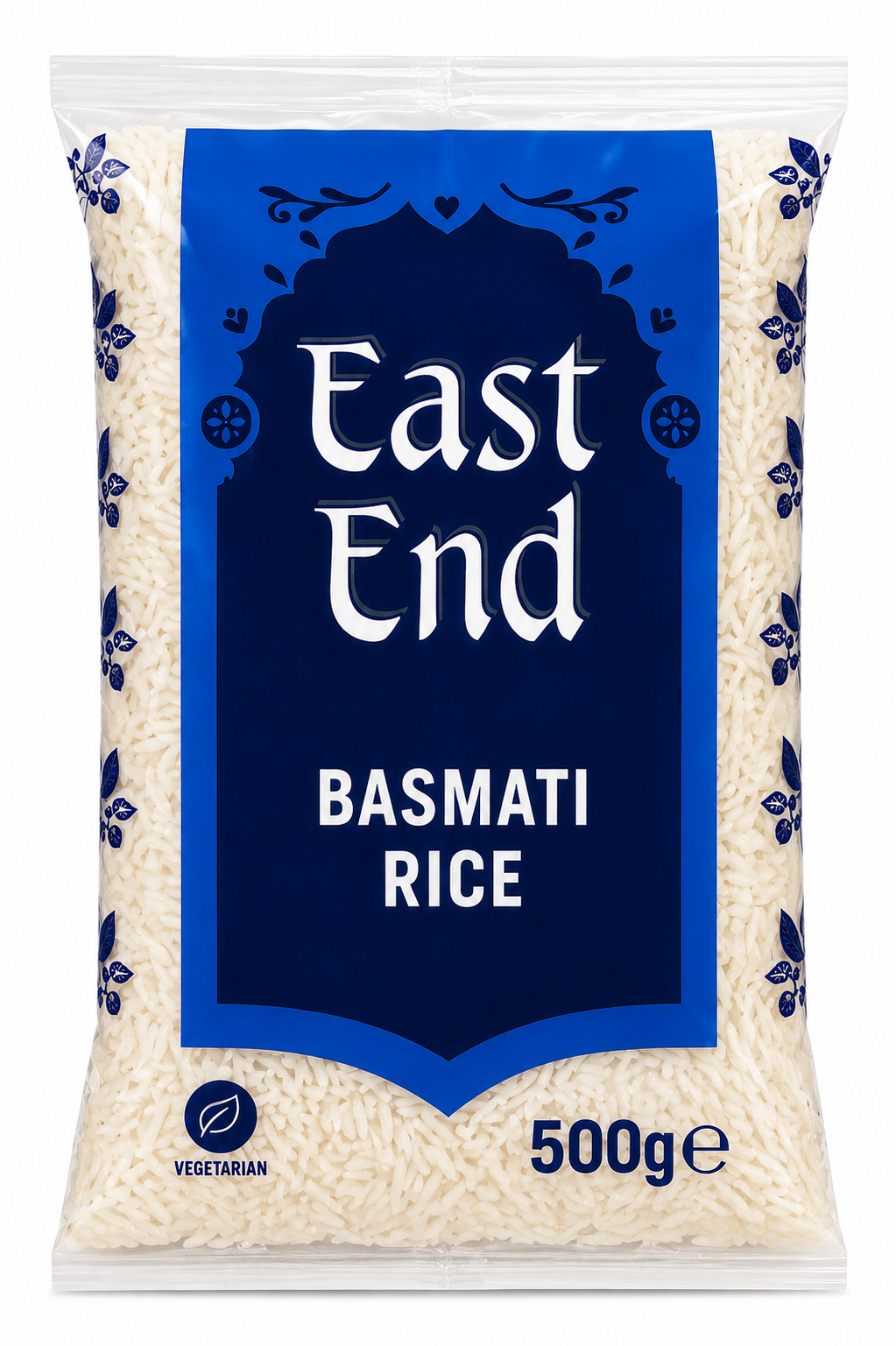 A 500g bag of East End Basmati Rice, featuring a blue and white label with the brand name and product type, showing the rice grains through the clear packaging.
