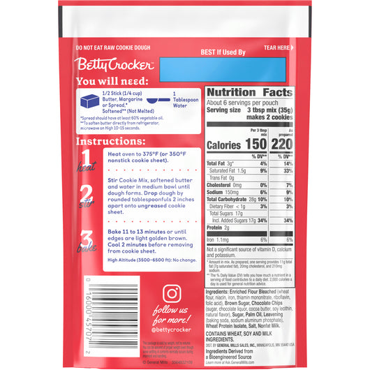 Betty Crocker Snack Size Chocolate Chip Cookie Mix 7.5 oz pouch