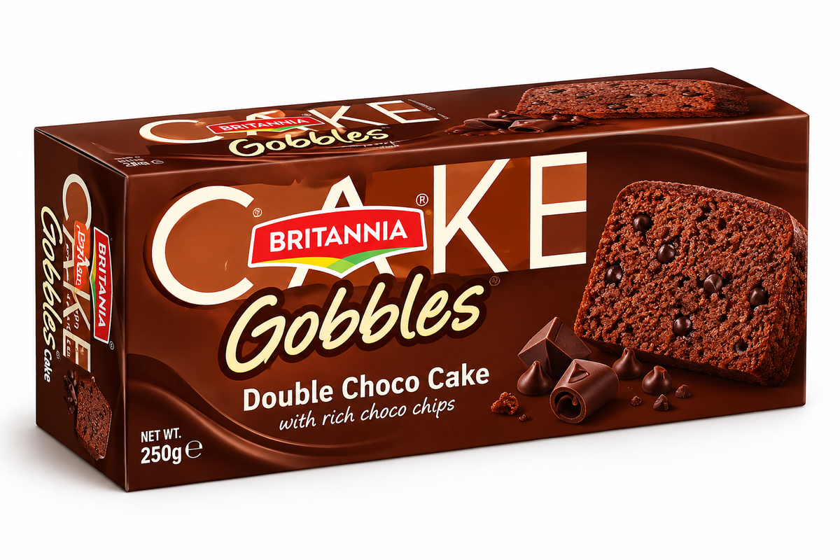 Britannia Cake Gobbles Double Choco Cake 250g pack featuring a rich chocolate cake slice with chocolate chips and chocolate pieces in brown packaging.