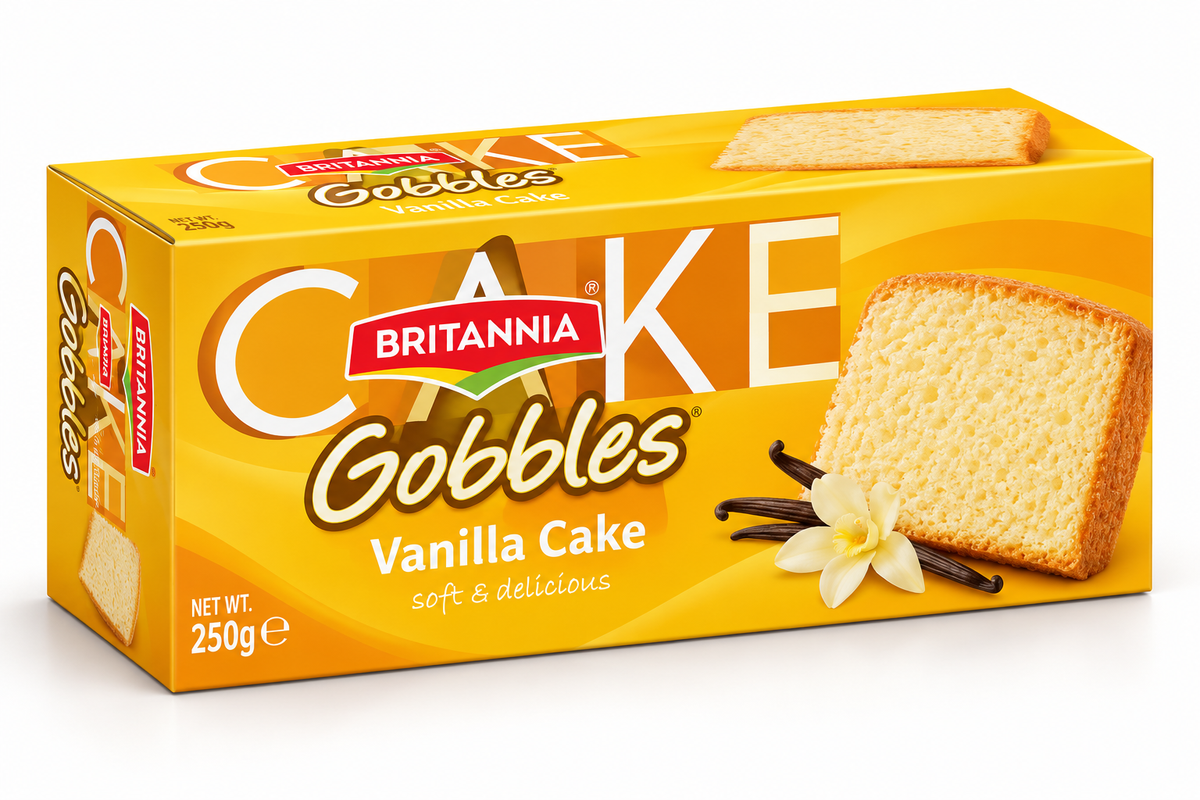 Britannia Cake Gobbles Vanilla Cake 250g pack featuring soft golden vanilla sponge cake, vanilla flowers, and vanilla pods in bright yellow and orange packaging.