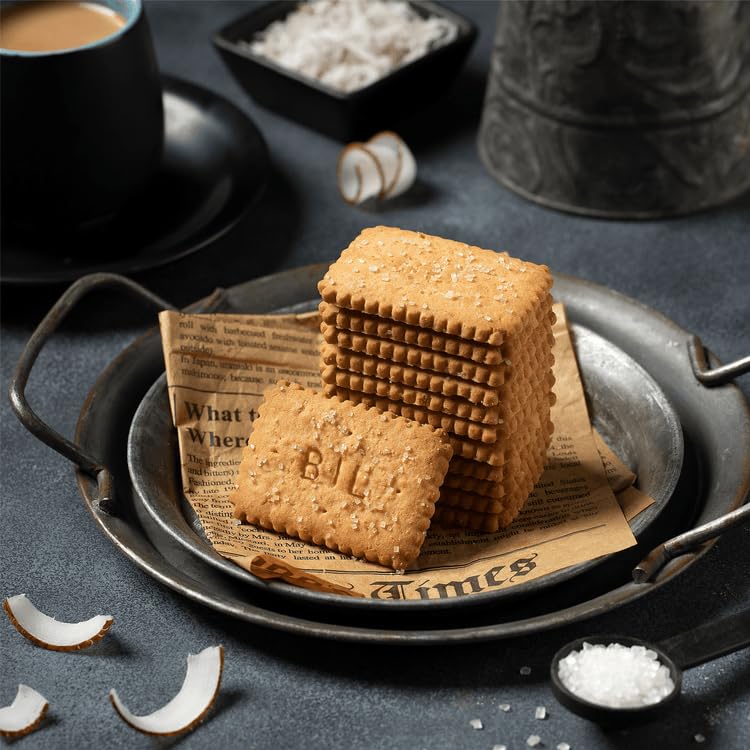 Britannia Nice Time sugar-sprinkled coconut biscuits stacked on a metal tray with coconut pieces and a cup of tea on a dark tabletop.
