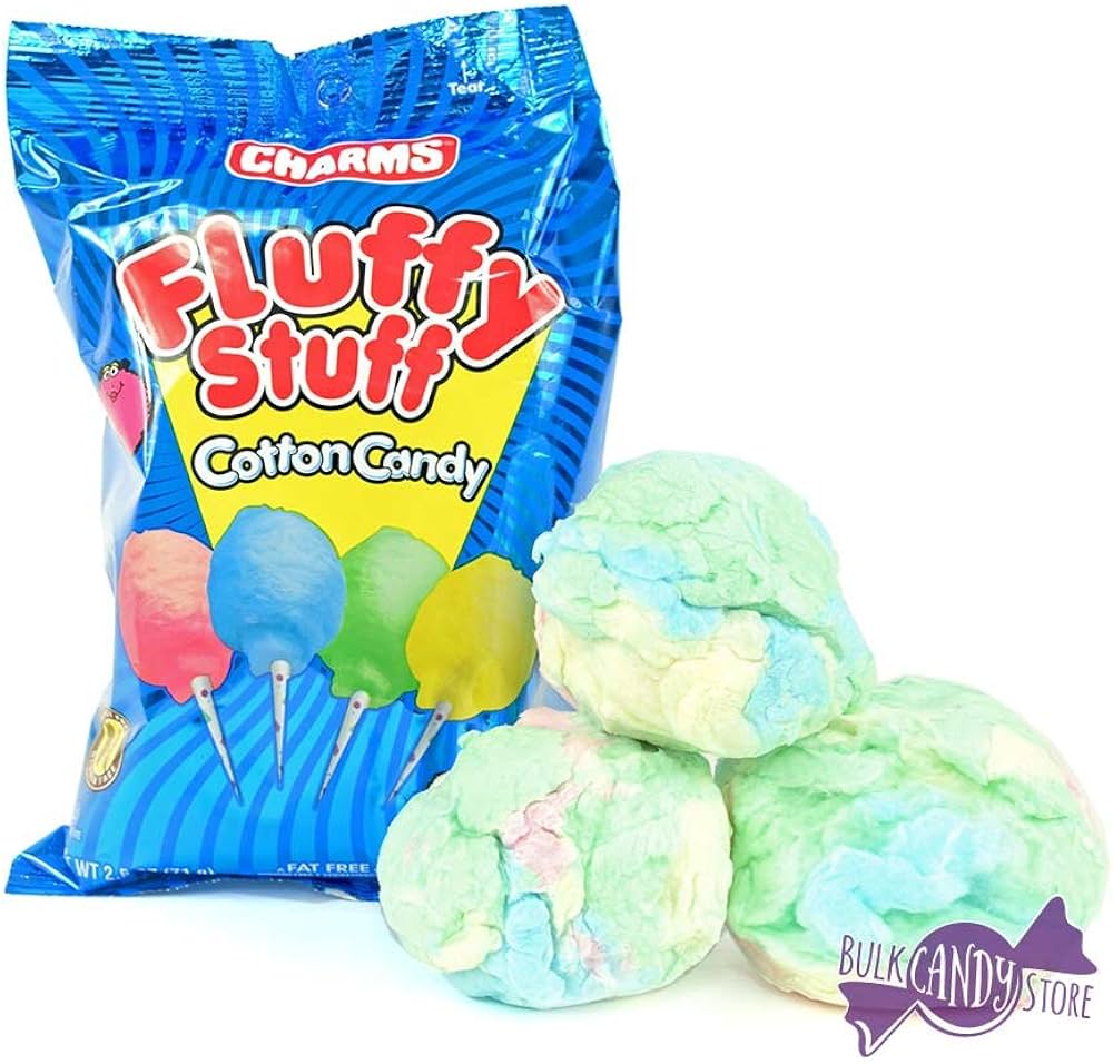 Charms Fluffy Stuff Cotton Candy strawberry lemon raspberry lime assorted flavours UK shelf.
