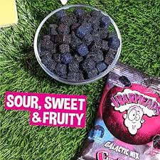 Chewy sour candy cubes by Warheads in vibrant galactic-themed colors, 127g bag