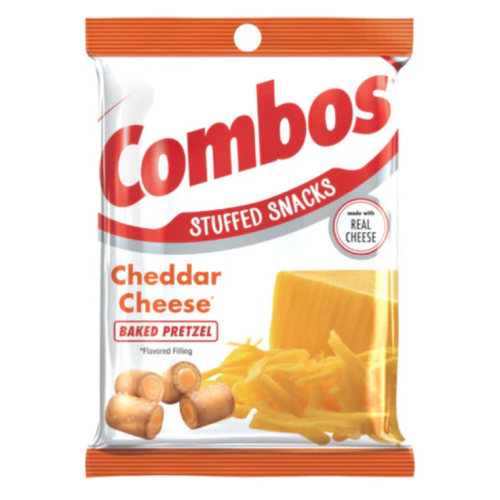 A close-up image of Combos Stuffed Buffalo Blue Cheese Crackers, featuring crunchy pretzel shells filled with creamy buffalo and blue cheese-flavored filling, showcasing the bold and savory snack.
