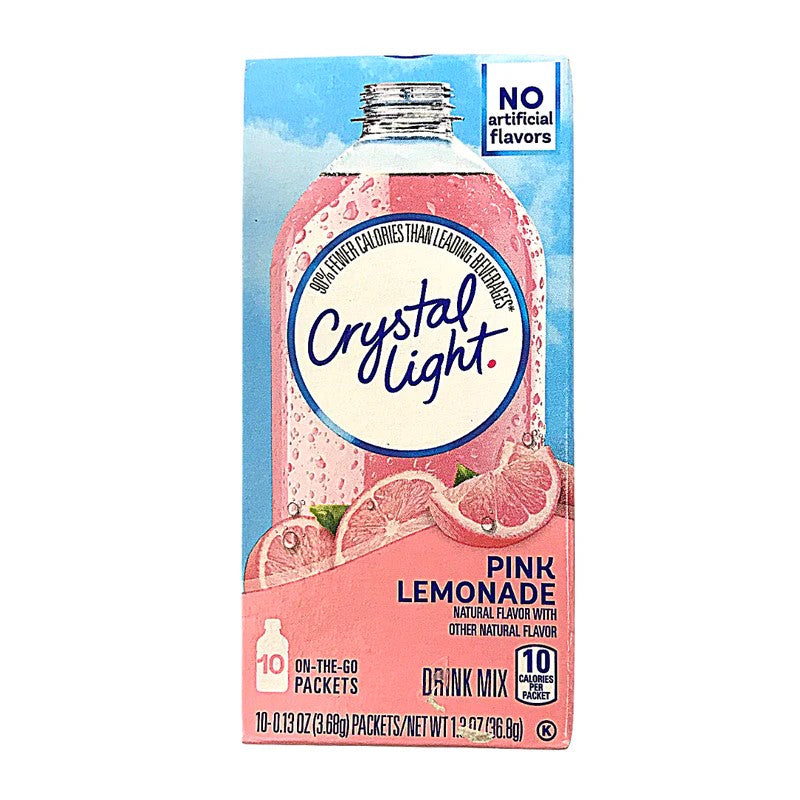 Box of Crystal Light On-The-Go Pink Lemonade drink mix with 12 individual powder packets.