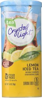 Portable Crystal Light Lemon Iced Tea packets ready to mix with water for a refreshing drink.