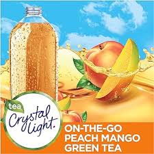 Crystal Light Peach Mango Green Tea powdered mix sticks for instant flavored water preparation.