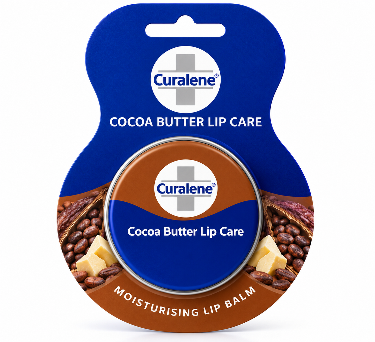 Curalene Cocoa Butter Lip Care tin with blue and brown packaging, metallic silver rim and cocoa bean illustrations, featuring moisturising lip balm for soft and healthy lips on a clean white background.