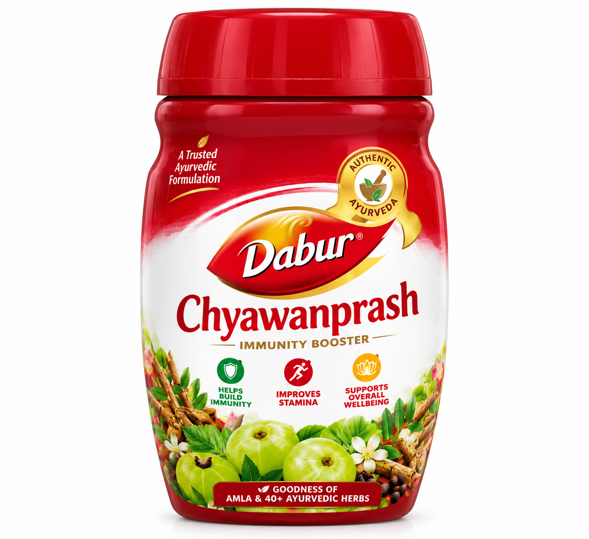 Dabur Chyawanprash 1kg jar with a red lid and red-and-white packaging, featuring amla, Ayurvedic herbs and traditional herbal ingredients.