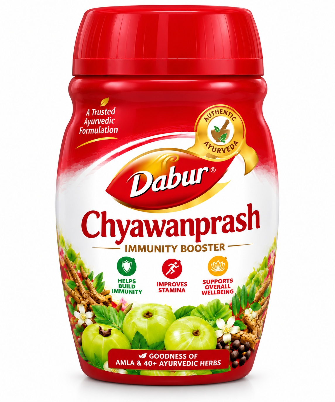 Dabur Chyawanprash 250g jar featuring a bright red lid, Dabur logo, Ayurvedic herb illustrations and amla fruit on the label.