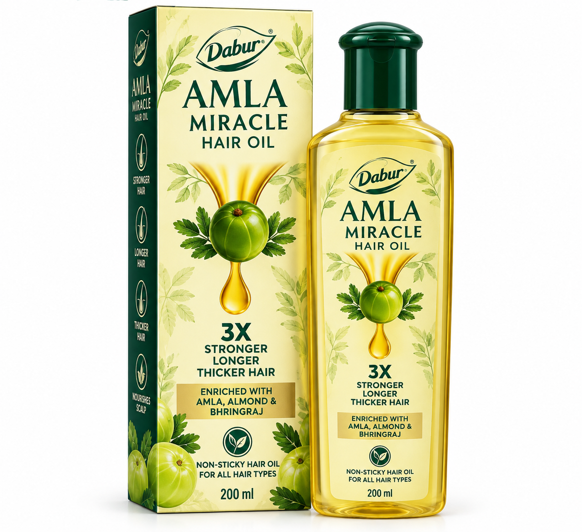 Dabur Amla Miracle Hair Oil 200ml featuring a golden oil bottle with a dark green cap and matching cream-and-green packaging, illustrated with amla fruit and leaves, enriched with amla, almond and bhringraj.