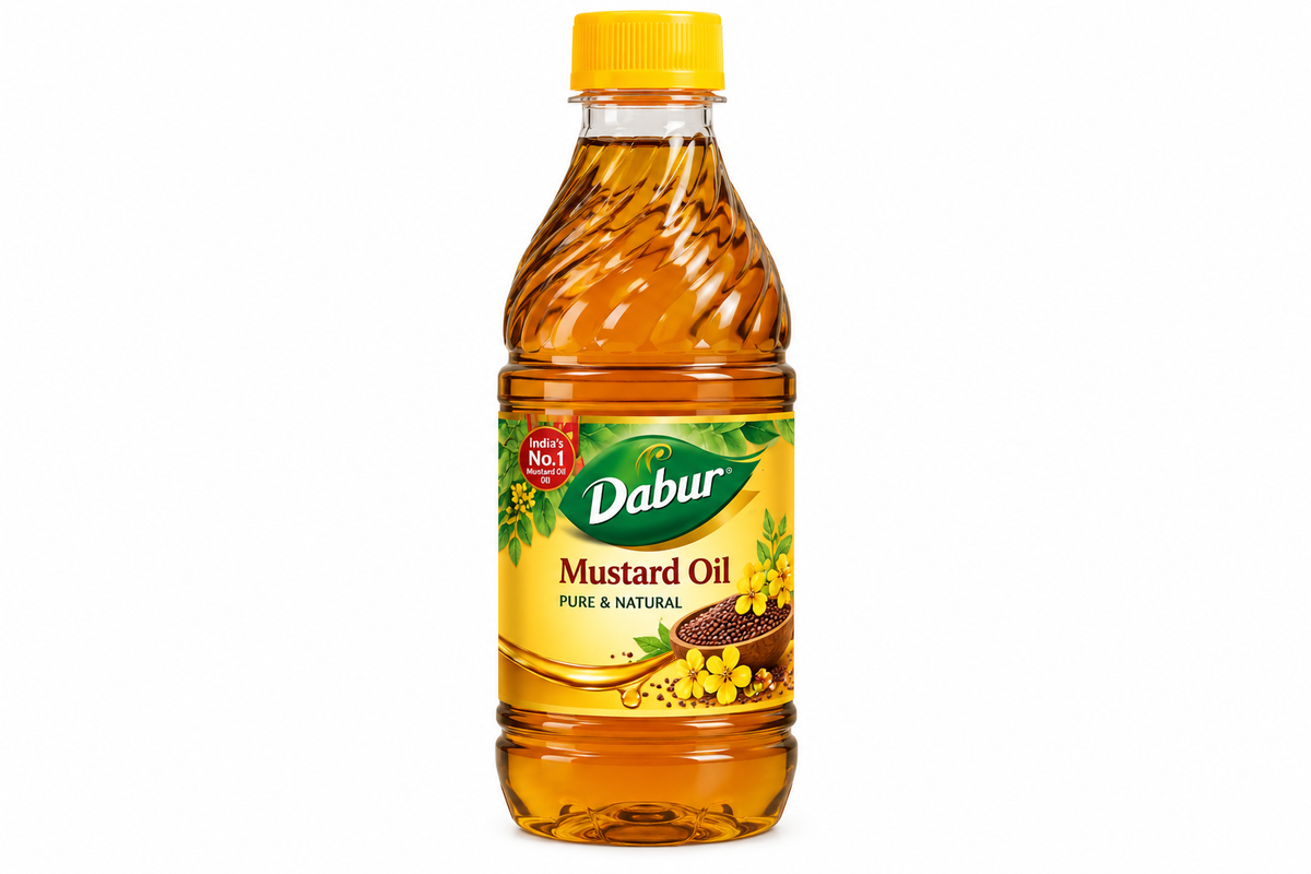 Dabur Mustard Oil 200ml in a transparent bottle with golden-amber oil and a yellow cap, featuring a yellow and green label with mustard seeds, yellow flowers and leaves.