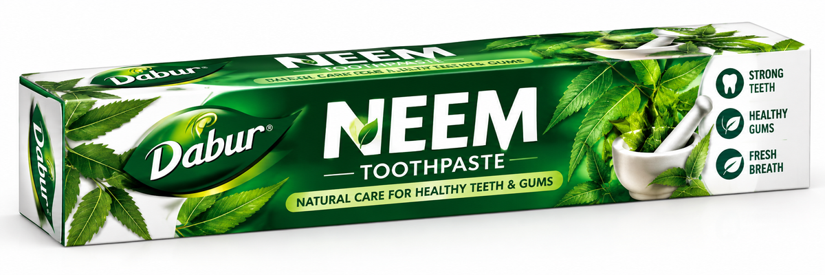 Dabur Neem Toothpaste 100g in green and white packaging, featuring fresh neem leaves, a mortar and pestle, and benefits for strong teeth, healthy gums and fresh breath.