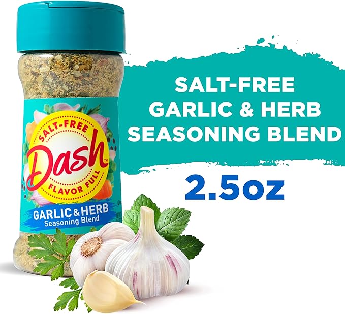 Dash Salt‑Free Garlic & Herb Seasoning Blend — multipack of 8 jars (68 g each), garlic and herb flavor, no added salt.