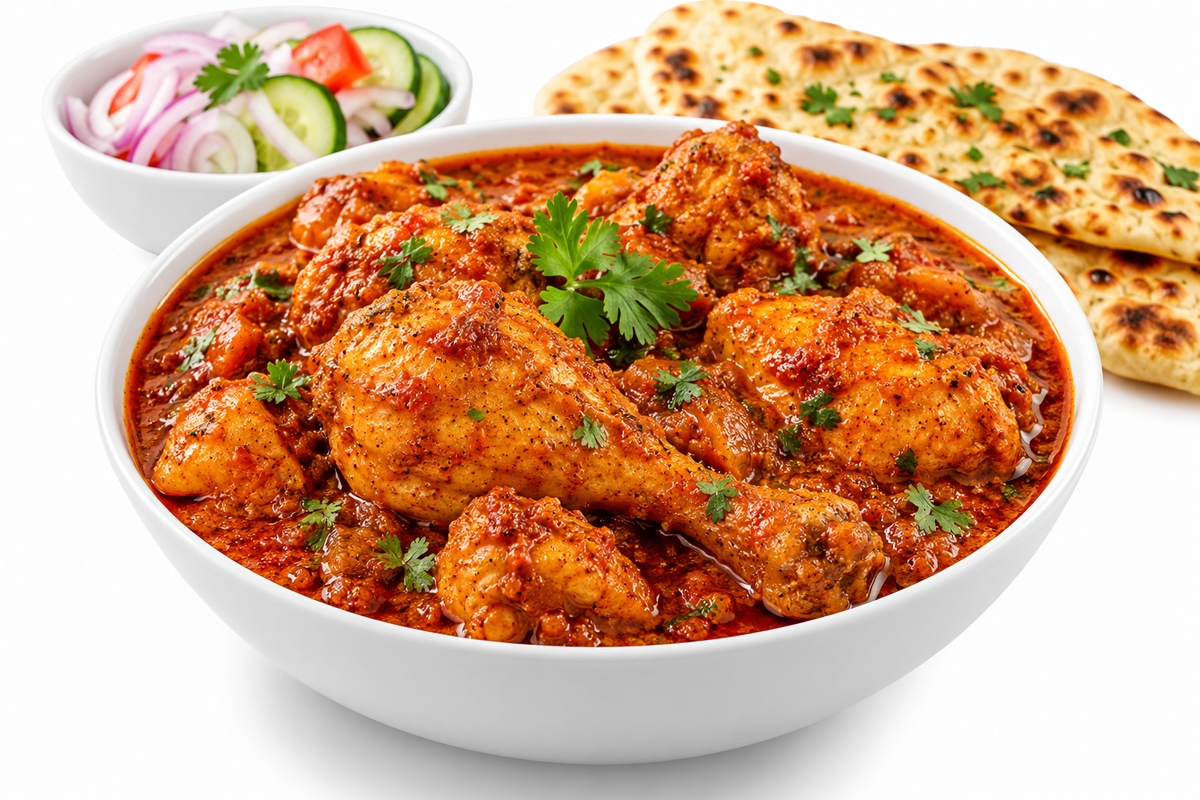 Everest Chicken Masala spice mix served with a bowl of rich, red chicken curry garnished with fresh coriander, accompanied by naan bread and fresh salad, showcasing an Indian-style chicken masala dish seasoned with aromatic spices.