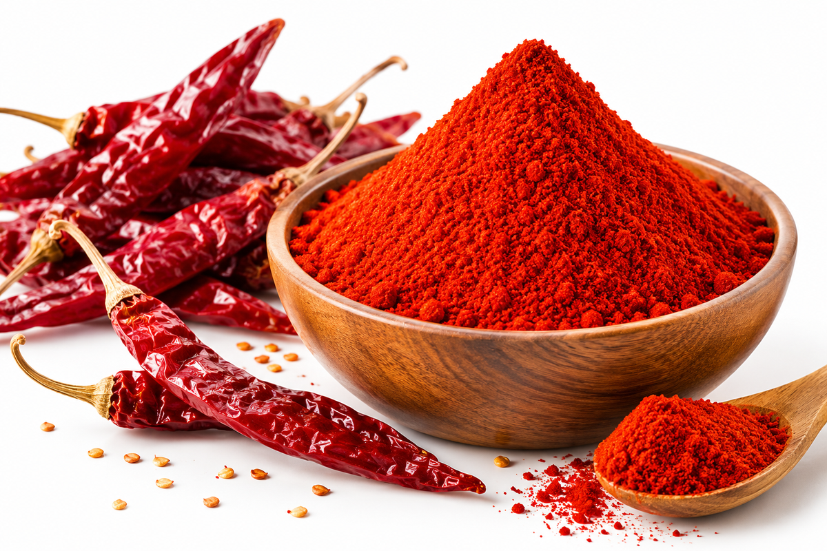 Bright red Kashmiri chilli powder displayed in a wooden bowl with whole dried red chillies and a wooden spoon filled with finely ground spice on a clean white background. This vibrant spice image represents the rich red color and traditional use of chilli powder in Indian cooking, including curries, gravies, marinades, and other savory dishes.