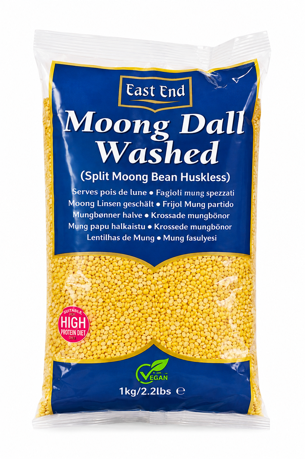 A 1kg bag of East End Moong Dal Washed (Split Moong Bean Huskless) in a clear plastic bag with a blue and yellow label, showing the yellow beans inside.