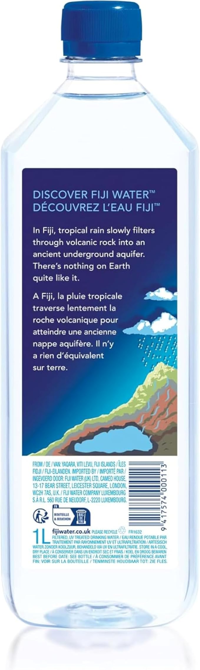 FIJI Natural Artesian Water 1 L bottle with condensation, showcasing pure, smooth-tasting premium water.