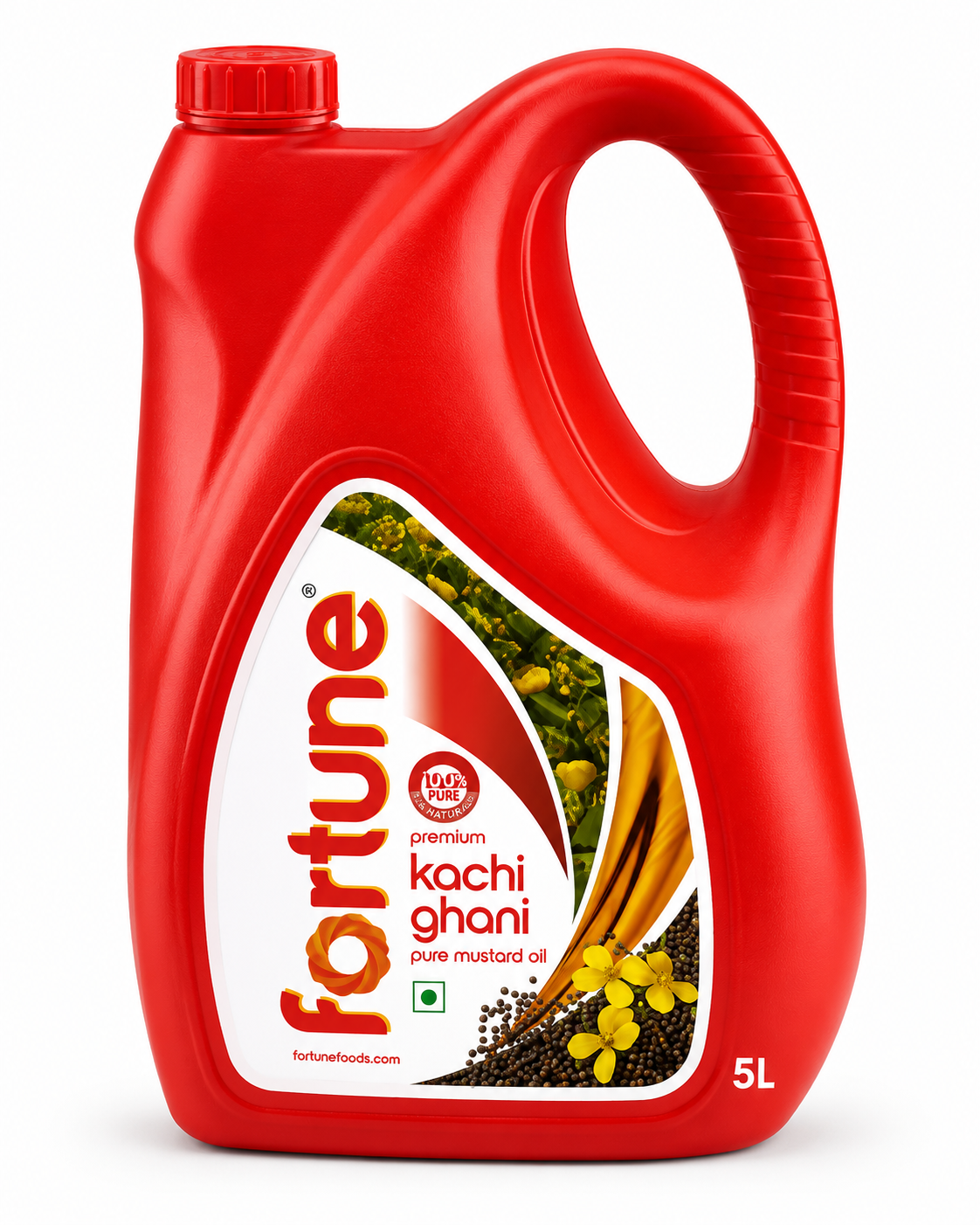 A 5-liter red plastic bottle of Fortune Kachi Ghani Pure Mustard Oil on a white background.