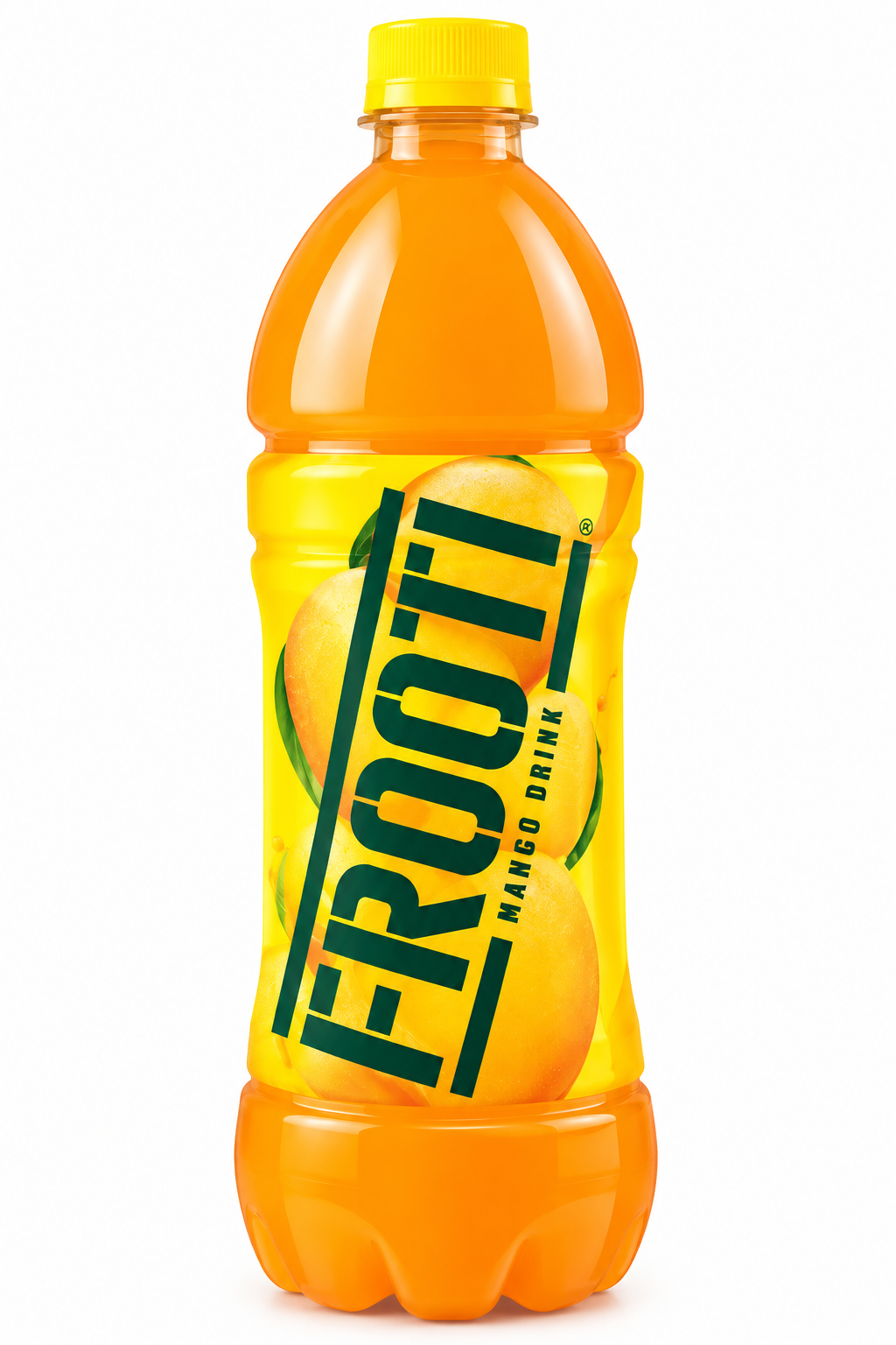 Frooti Mango Drink 600ml in a single orange plastic bottle with a yellow cap, bright yellow label, bold green Frooti logo, and mango illustrations.