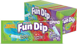 Lik-M-Aid Fun Dips 40 g pack with tangy fruit-flavored powder and a candy stick for dipping.