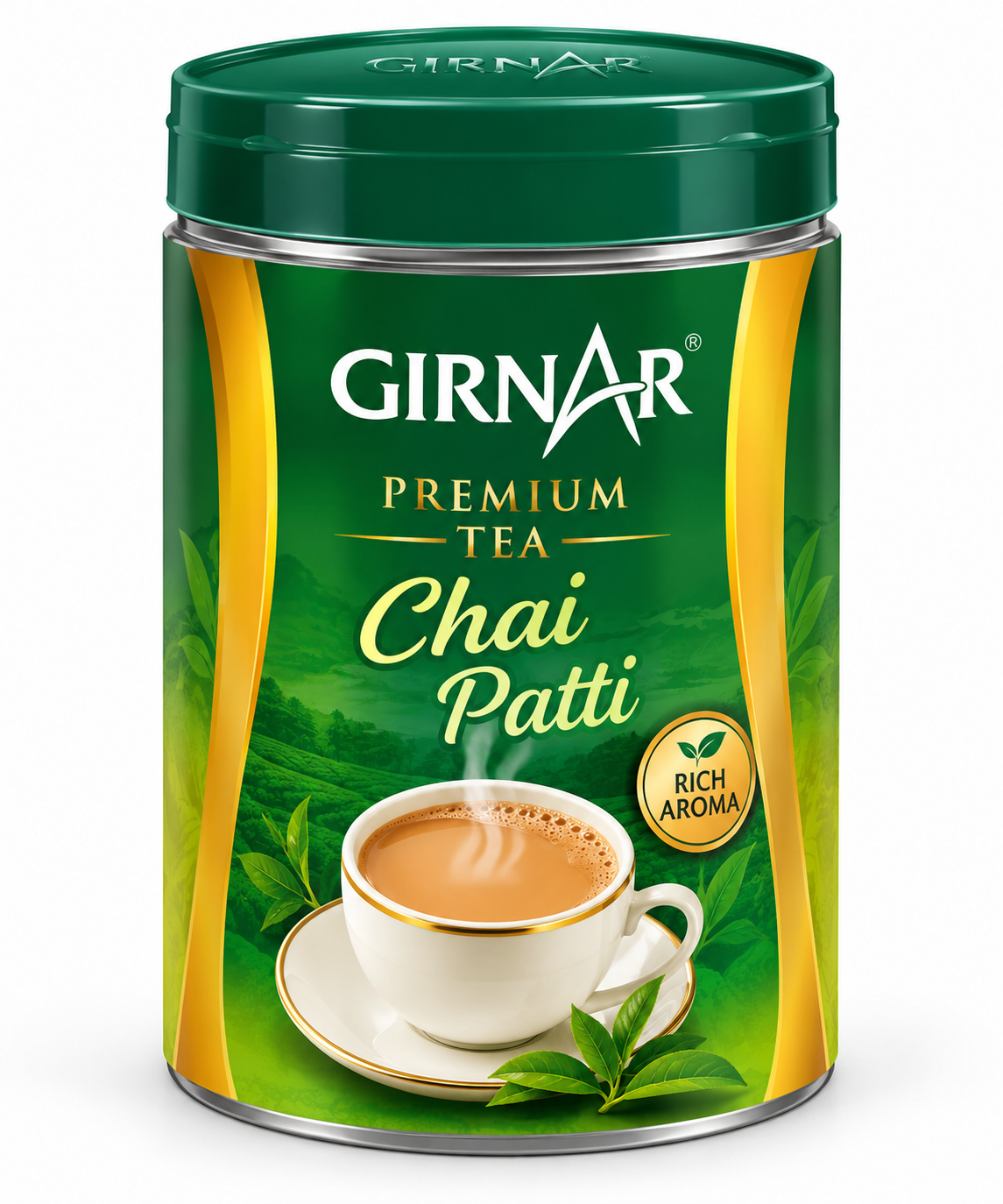 Girnar Premium Tea 1kg tin with a dark green lid, green-and-gold packaging, tea garden imagery, fresh tea leaves and a steaming cup of chai.
