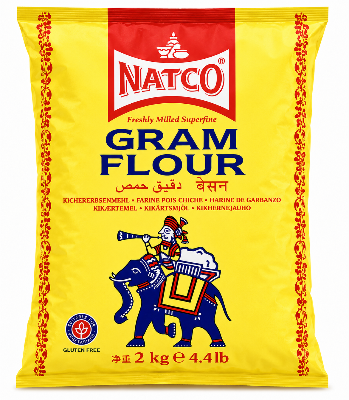A 2 kg bag of NATCO Gram Flour, featuring a bright yellow packaging design with a red brand header, blue text, and an illustration of a figure riding an elephant.