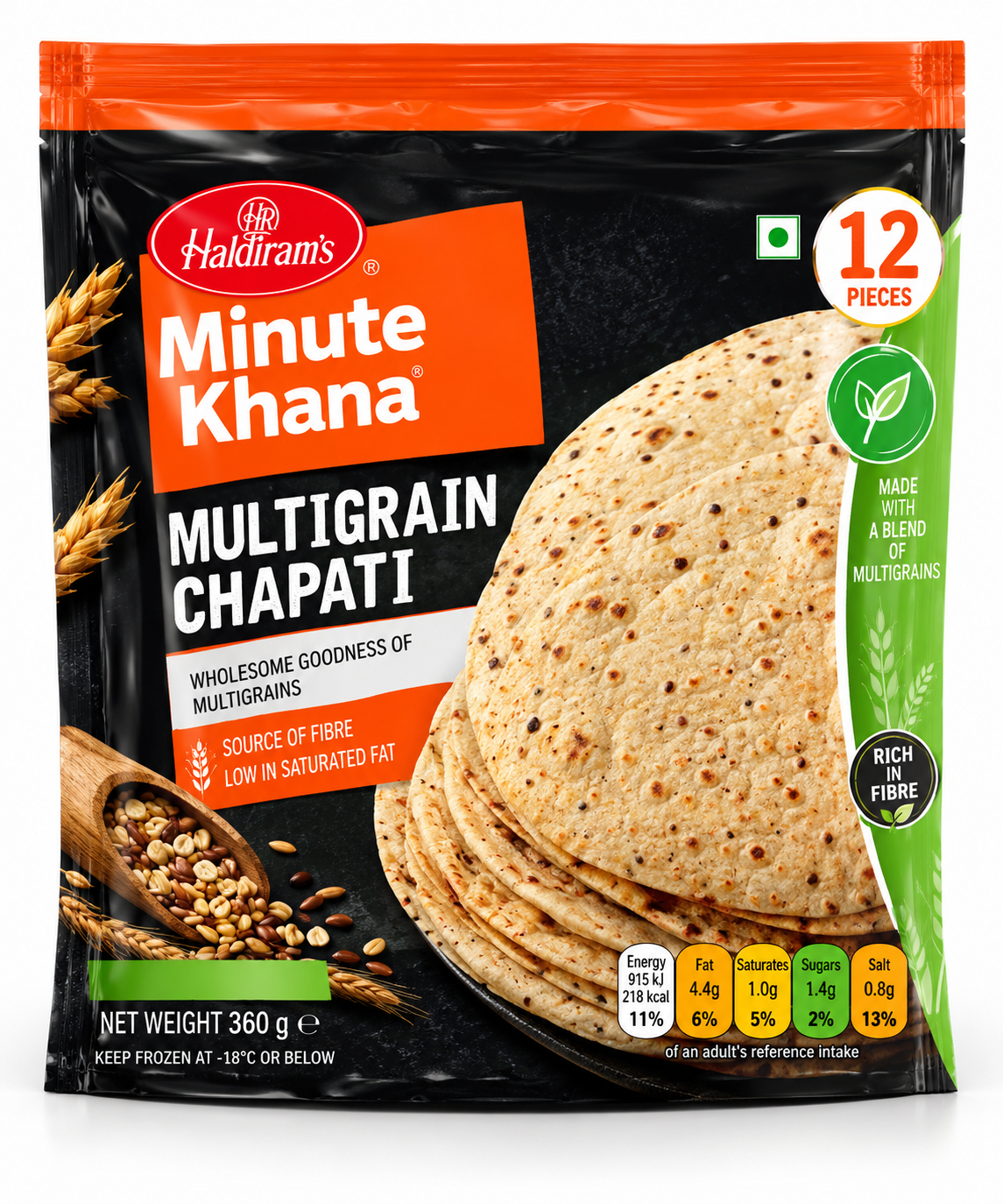 Haldiram’s Minute Khana Multigrain Chapati 360g pack featuring whole-wheat multigrain chapatis with toasted spots in black, orange and green packaging.