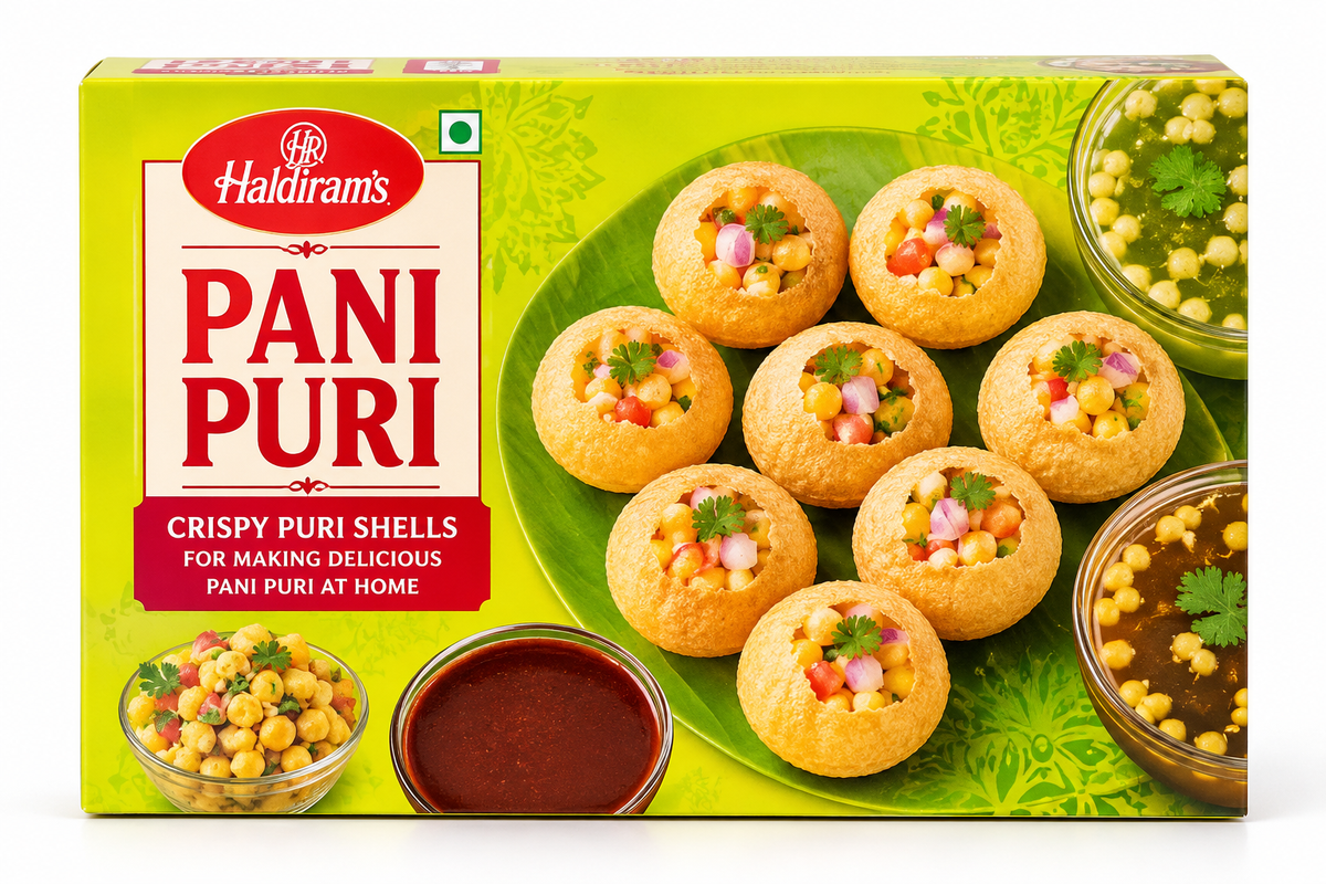 Haldiram’s Panipuri Golgappe 360g box with bright green and yellow packaging, featuring crispy golden puris, spiced filling and chutneys for preparing authentic Indian pani puri at home.