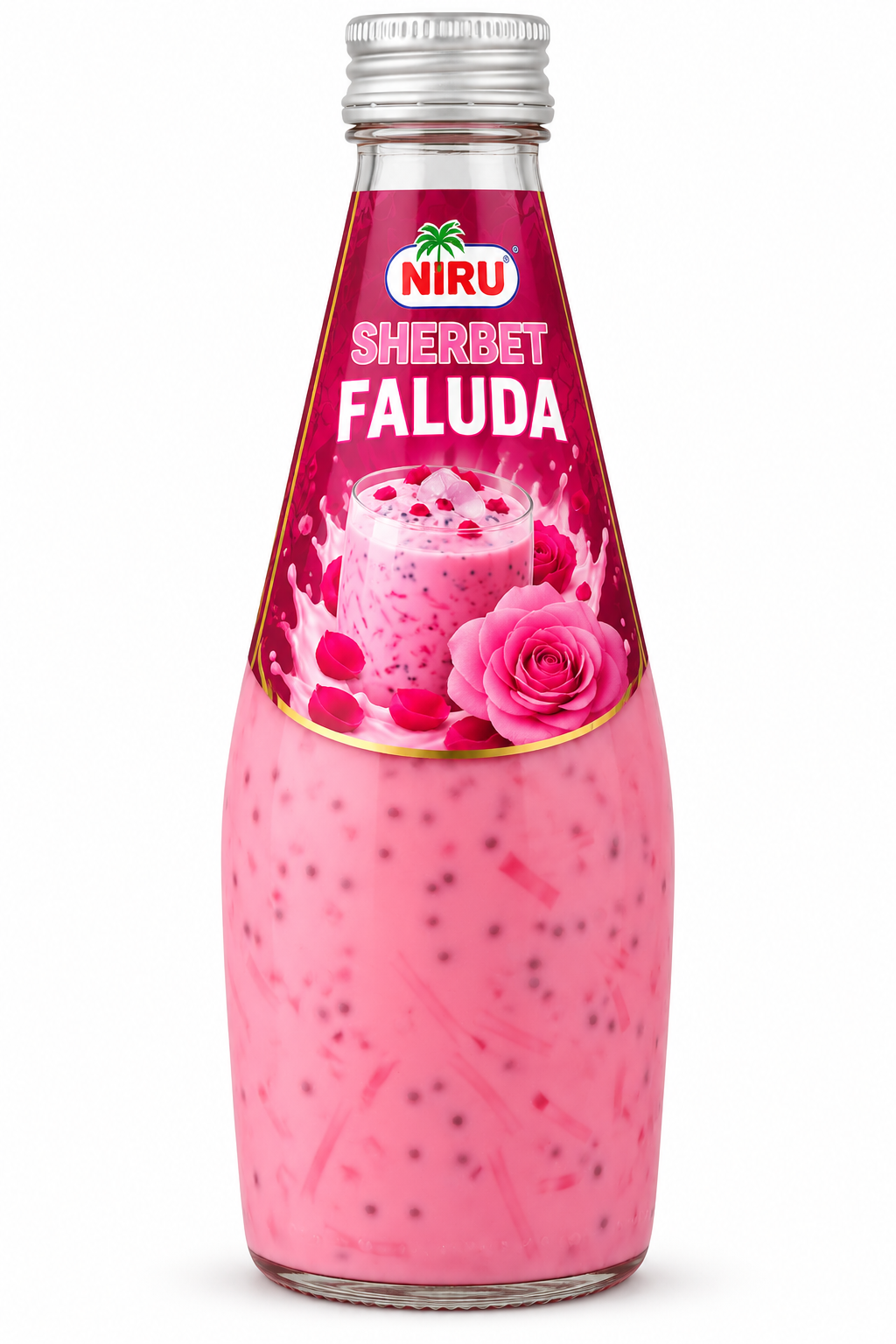Niru Sherbet Faluda 290ml bottle featuring creamy pink faluda with visible seeds and jelly pieces, a magenta label with rose graphics, and a silver screw cap.
