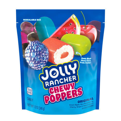 Jolly Rancher Chewy Poppers stand-up bag featuring an assortment of fruit-flavored chewy candies in Original Flavours, 340g.